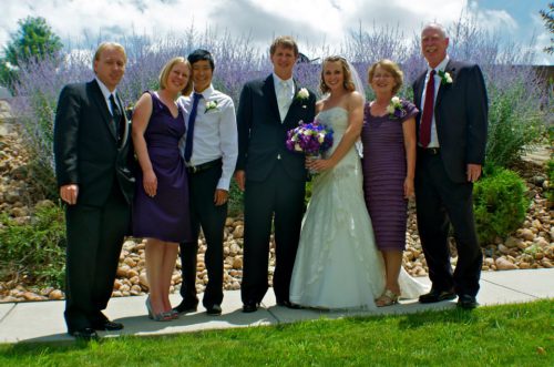 (l. to r.) Chris Skellie, Heather and Barnabas Wong, David and Amy Shumake, Becky and Phil Skellie at Amy and David’s wedding (2012).